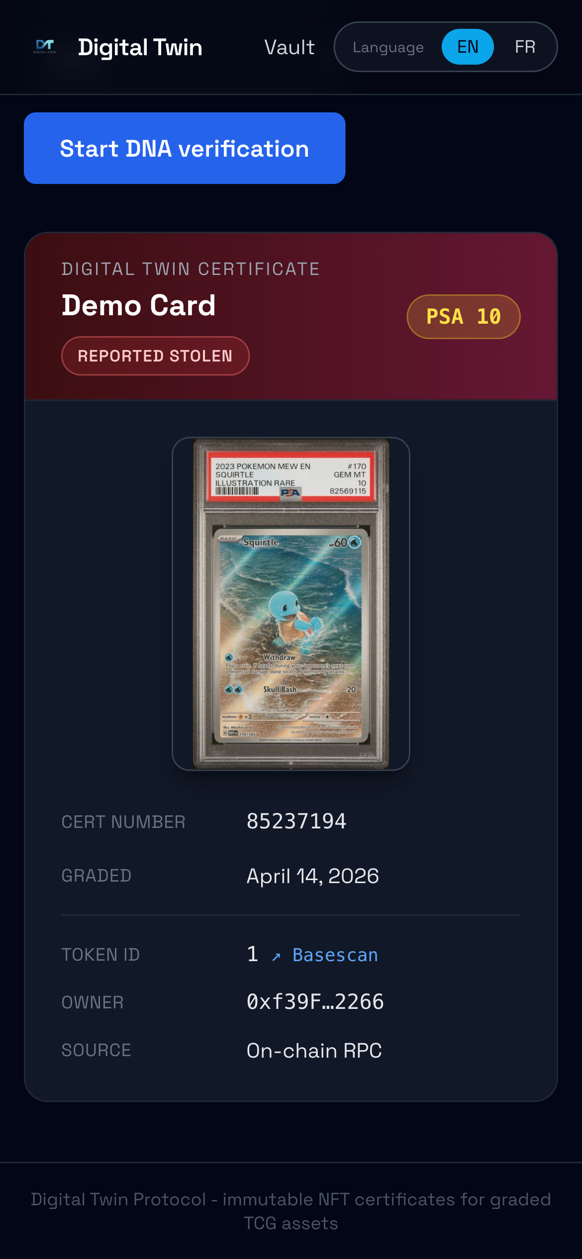 Public certificate page showing reported stolen badge